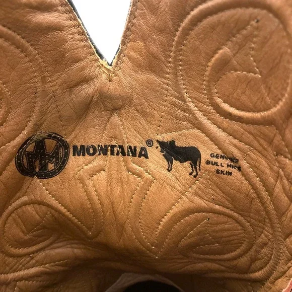 Montana Western Cowboy Boots Mens 7.5 E Bull Hide Leather Black Emboidered - Picture 7 of 11